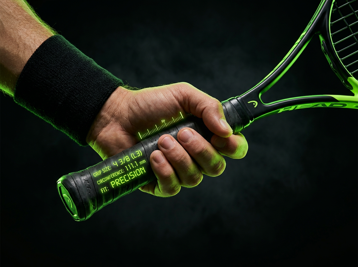 Close-up of precision tennis racquet grip sizing measurement