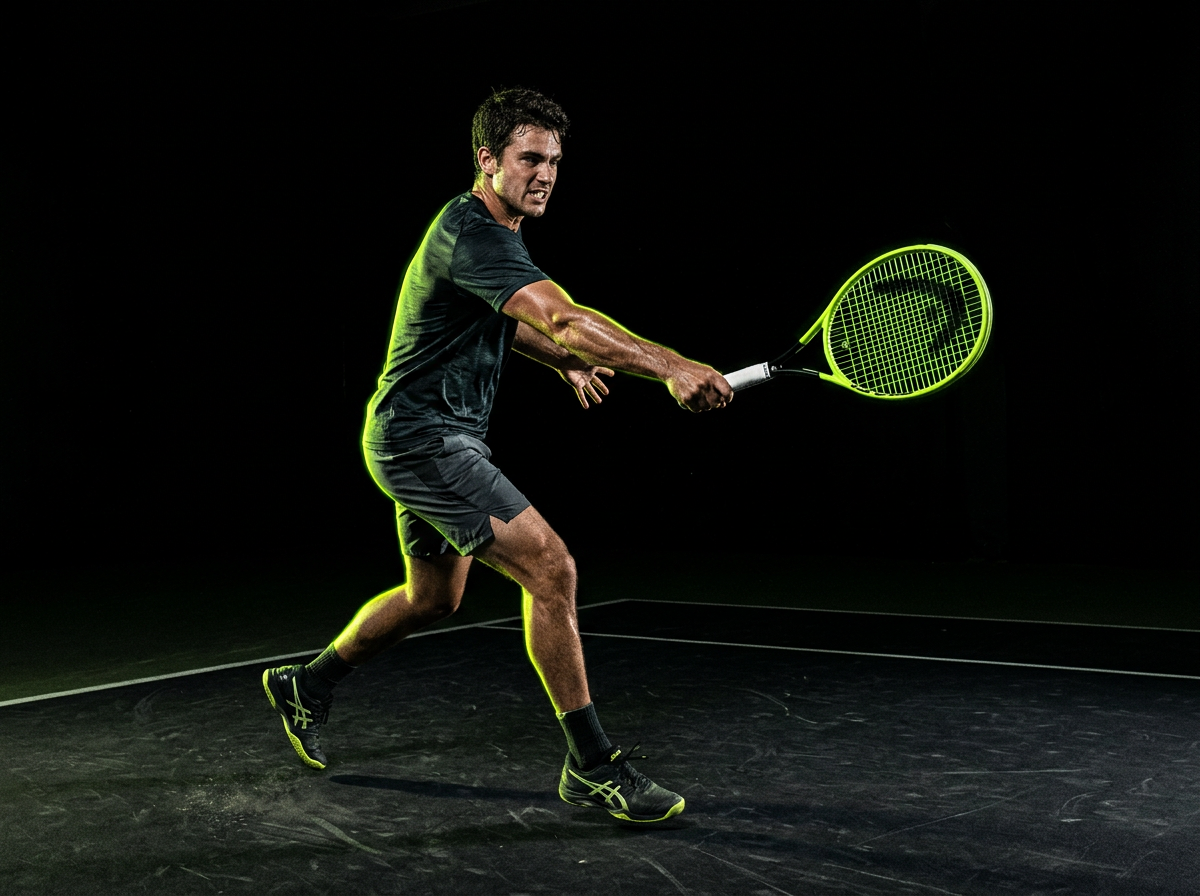 Tennis player mid-swing during a professional racquet fitting session